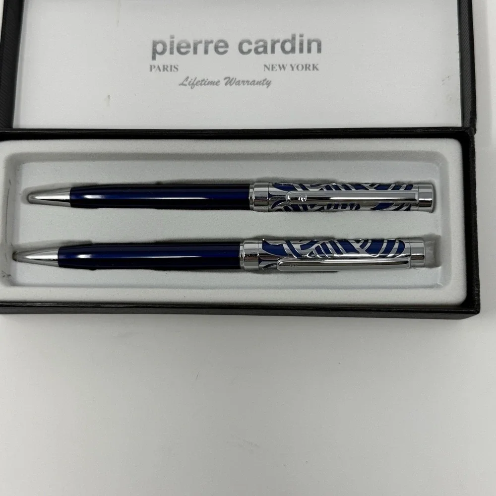 Vtg Pierre Cardin Blue Lacquer & Chrome Filigree Pen Set
